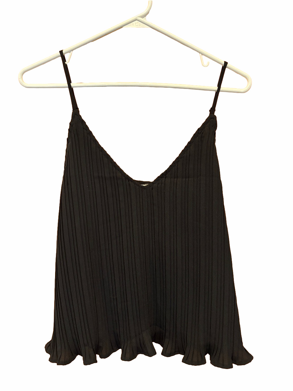 Fanco Black Pleated V-Neck Ruffled Hem Spaghetti Strap Tank Top Size Medium